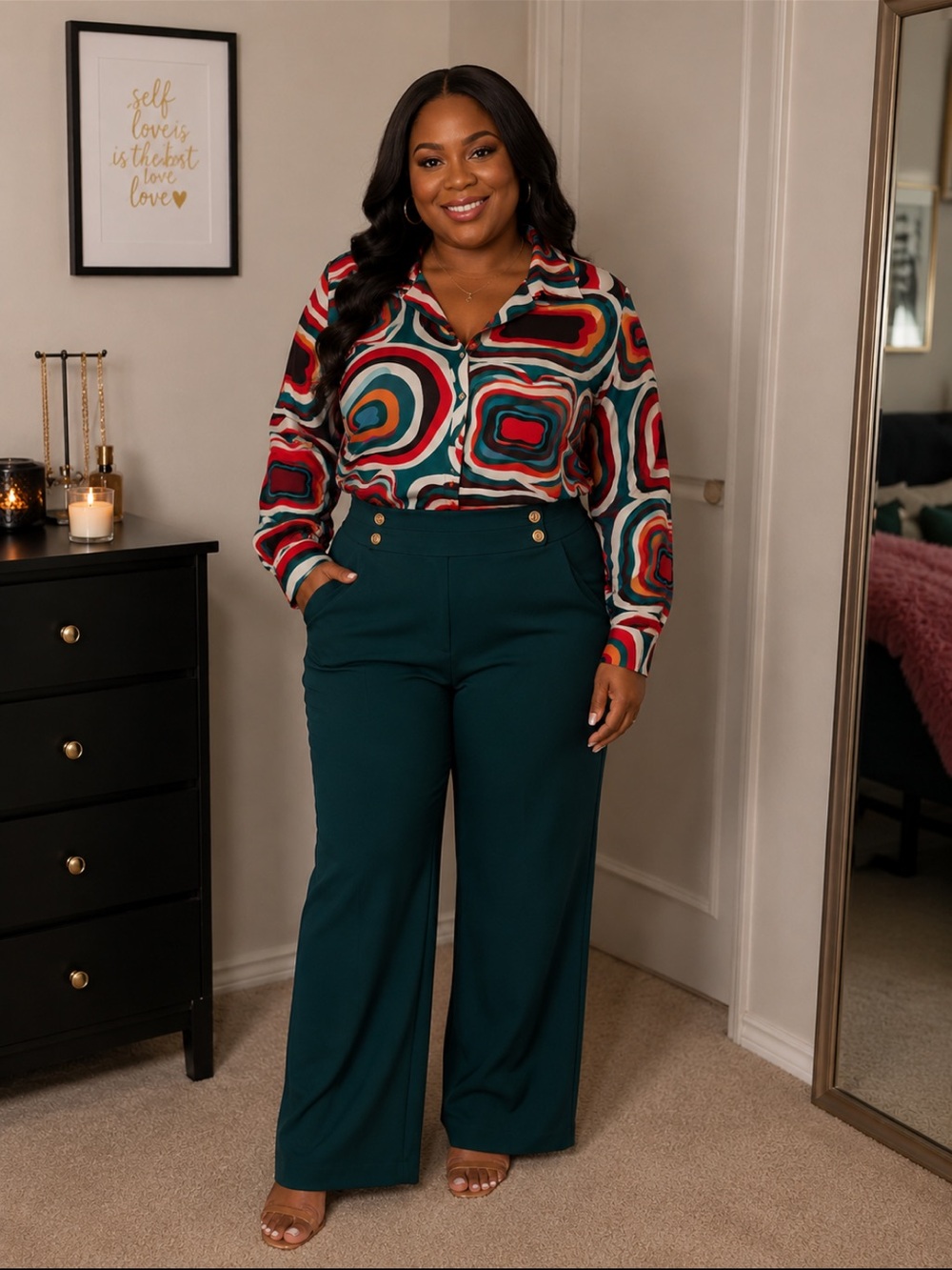 Geometric Print Button-Up Top and green Pants